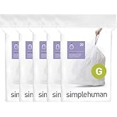 simplehuman Code G 100 Count Custom Fit Liners, Drawstring Kitchen Trash Bags, One-by-One Mess-Free Dispense, Extra Thick &amp; Double Seamed, 50% PCR Plastic, 30 Liter / 8 Gallon, White
