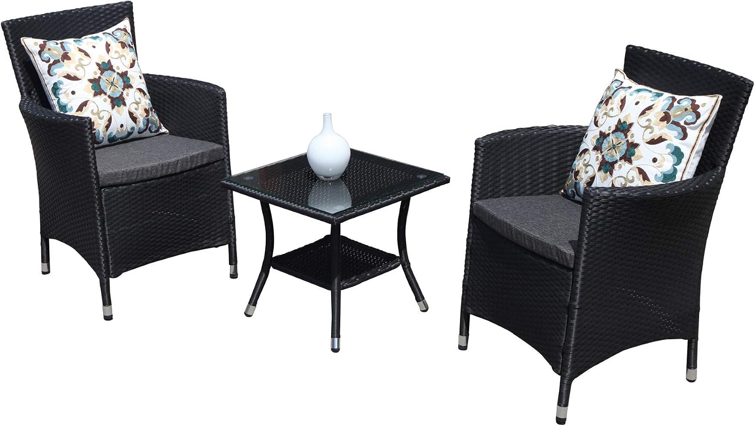 Amazon Com Patiorama 3pc Patio Outdoor Rattan Furniture Set Cushioned Garden Table And Chairs With Gray Cushions Black Pe Wicker Garden Outdoor