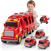Fire Truck Toys for Kids 3-8, Emergency Vehicle Toys with Mini Rescue Cars | 5 in 1 Fire Truck Carrier Toy with 4 Pull Back Rescue Cars, Light &amp; Sound, Pretend Play Toys Gift for Boys Girls 3 4 5 6 7 8