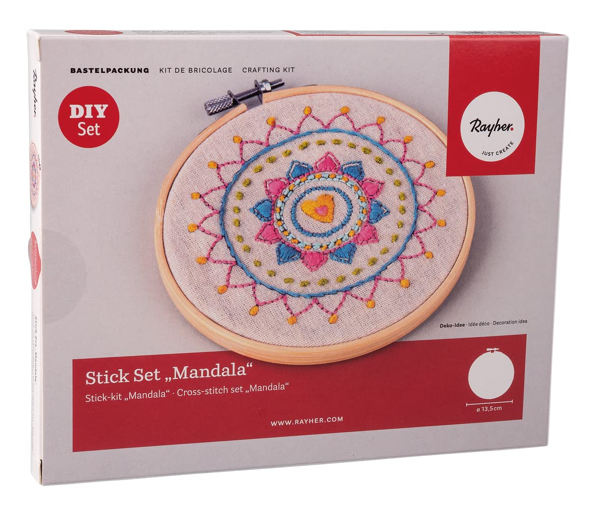 Rayher Embroidery Starter Kit with Mandala Pattern, Cross Stitch Kit with Bamboo Embroidery Hoop, Embroidery Thread, and Pre-Printed Canvas, 13.5cm, 54077000