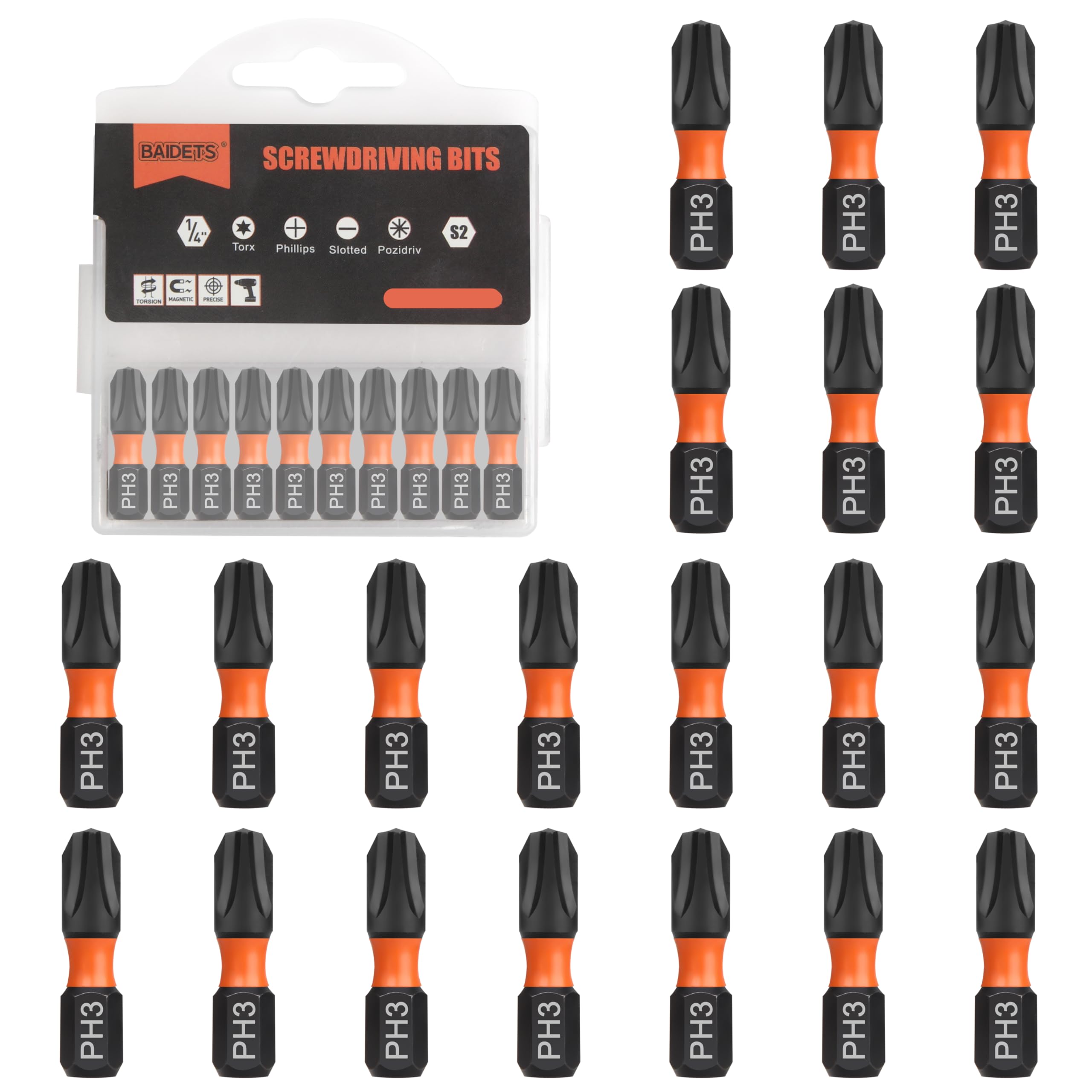 BAIDETS Pro PH3 Bit Assortment - Screwdriver Bits Set 20Pcs, 25mm Length, Phillips Screwdriver Bit, 1/4 Inch Hex Shank, with Storage Box