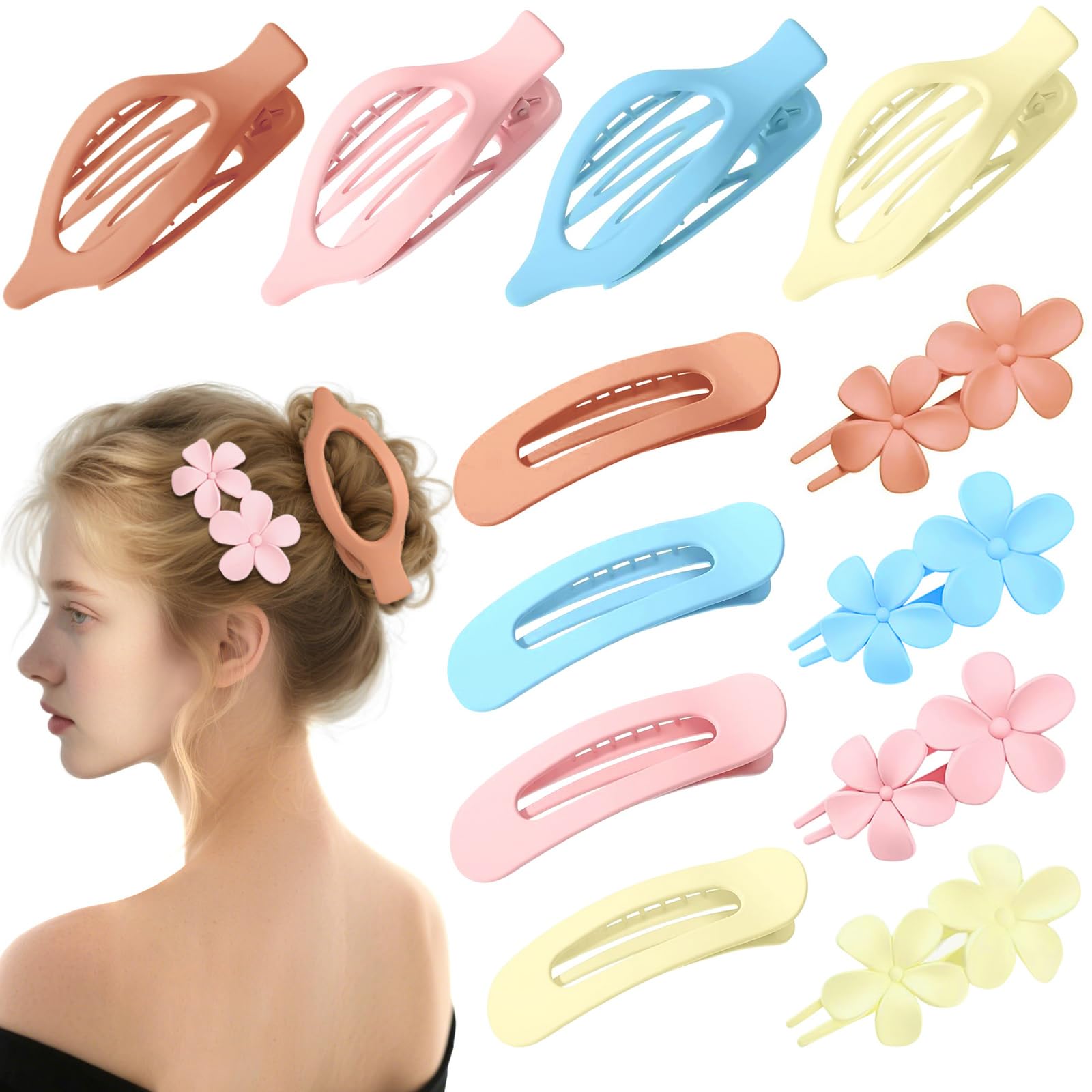 Photo 1 of 12 Pcs Candy Colors Flat Hair Clips, YINGFENG Flat Claw Clips for Women, Matte Non-Slip Flower Claw Clips for Thin Thick Hair, Hair Accessories for Women and Girls