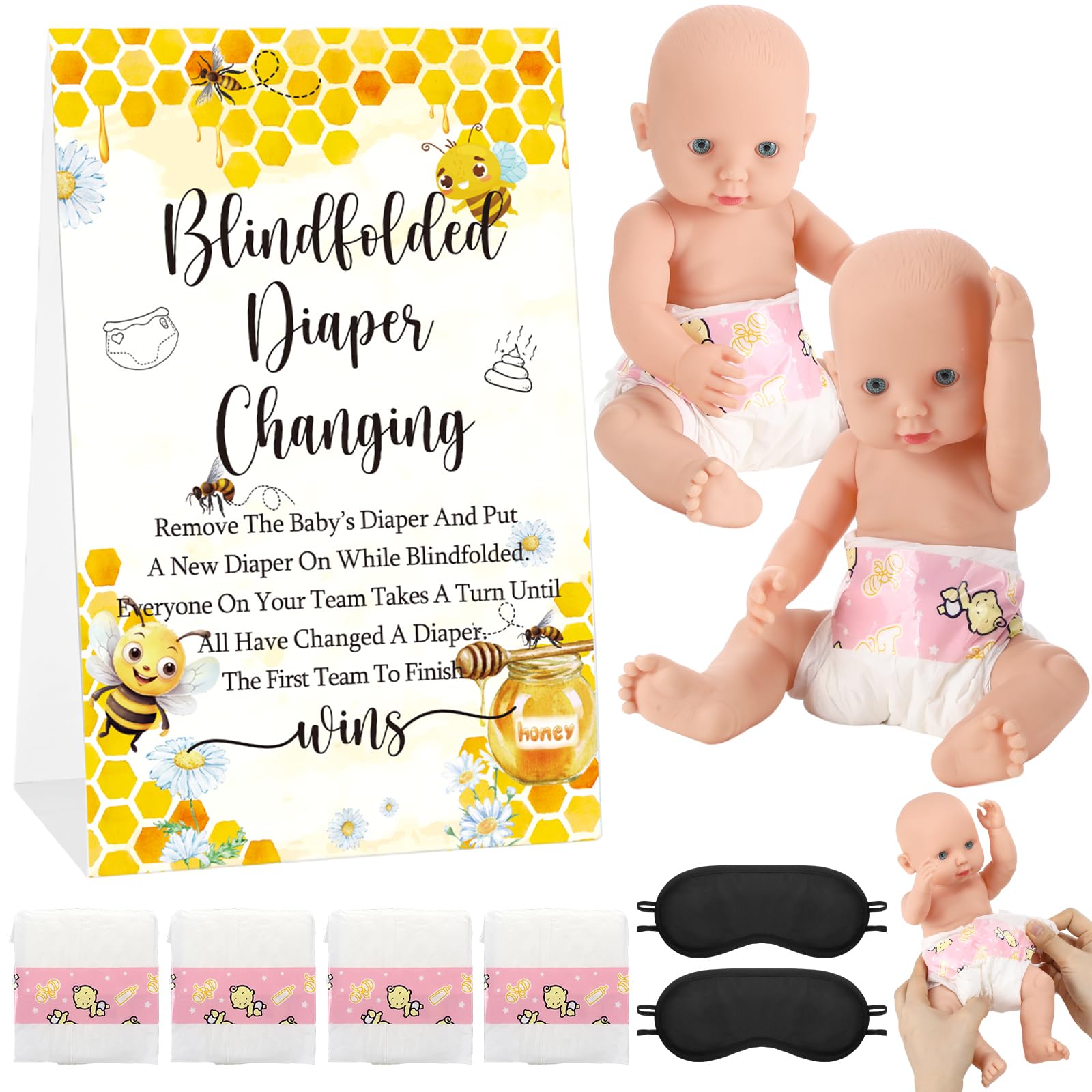 Photo 1 of Lineshading 9 Pcs Baby Shower Game Supplies for Blindfold Diaper Changing Baby Dolls with Blindfolds Diapers Baby Changing Diaper Race Game Set for Baby Shower (Yellow,Bee)