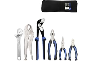 URASISTO 6-piece Pliers Set Home Maintenance Tool Kit for Men, Including Groove Joint, Long Nose, Diagonal Cutting, Locking Pliers, Adjustable Wrench and Linesman Pliers, with Storage Pouch