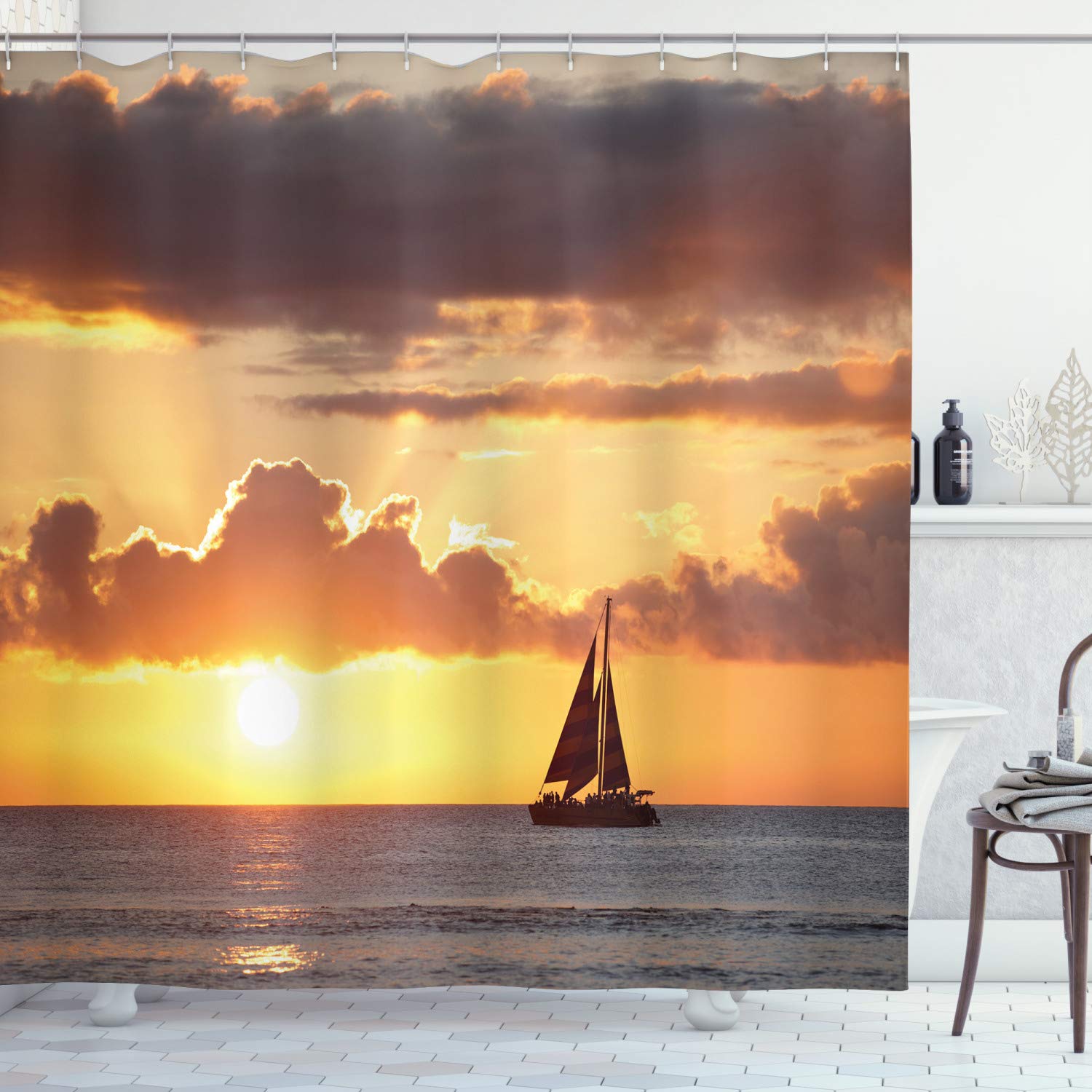 ABAKUHAUS Ocean Shower Curtain, Boat in the Oceannd Cloudy Skyt Sunset Digital Image Print, Cloth Fabric Bathroom Decor Set with Hooks, 70 Inches, Grey and Marigold