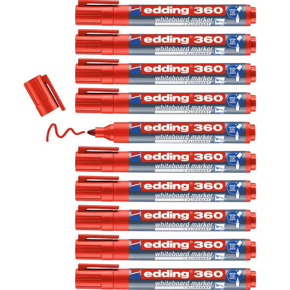 edding 360 whiteboard marker - red - 10 whiteboard pens - round tip 1.5-3 mm - whiteboard pen dry wipe - for whiteboards, flipcharts, pinboards, magnetic and memo boards - sketchnotes - refillable