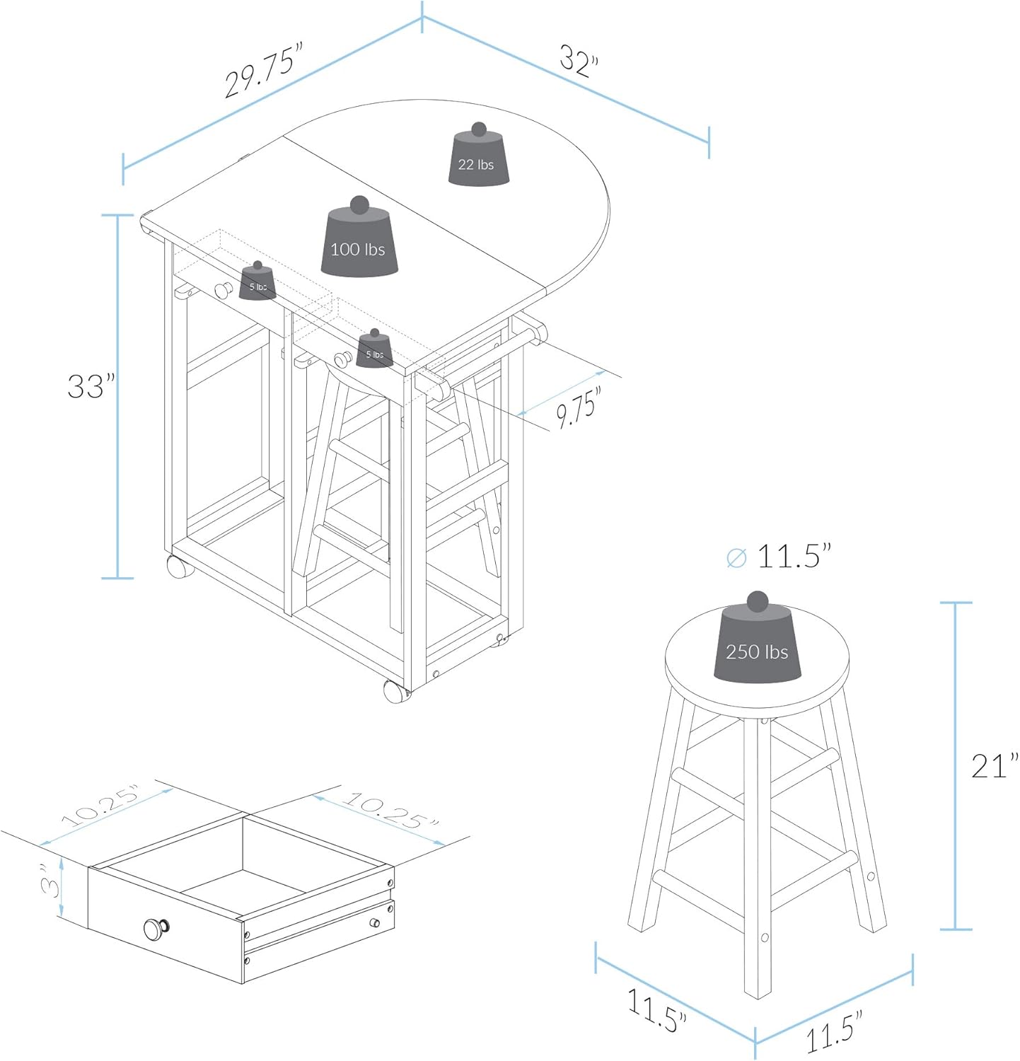 Casual Home Drop Leaf Breakfast Cart with 2 Stools-White: Furniture & Decor