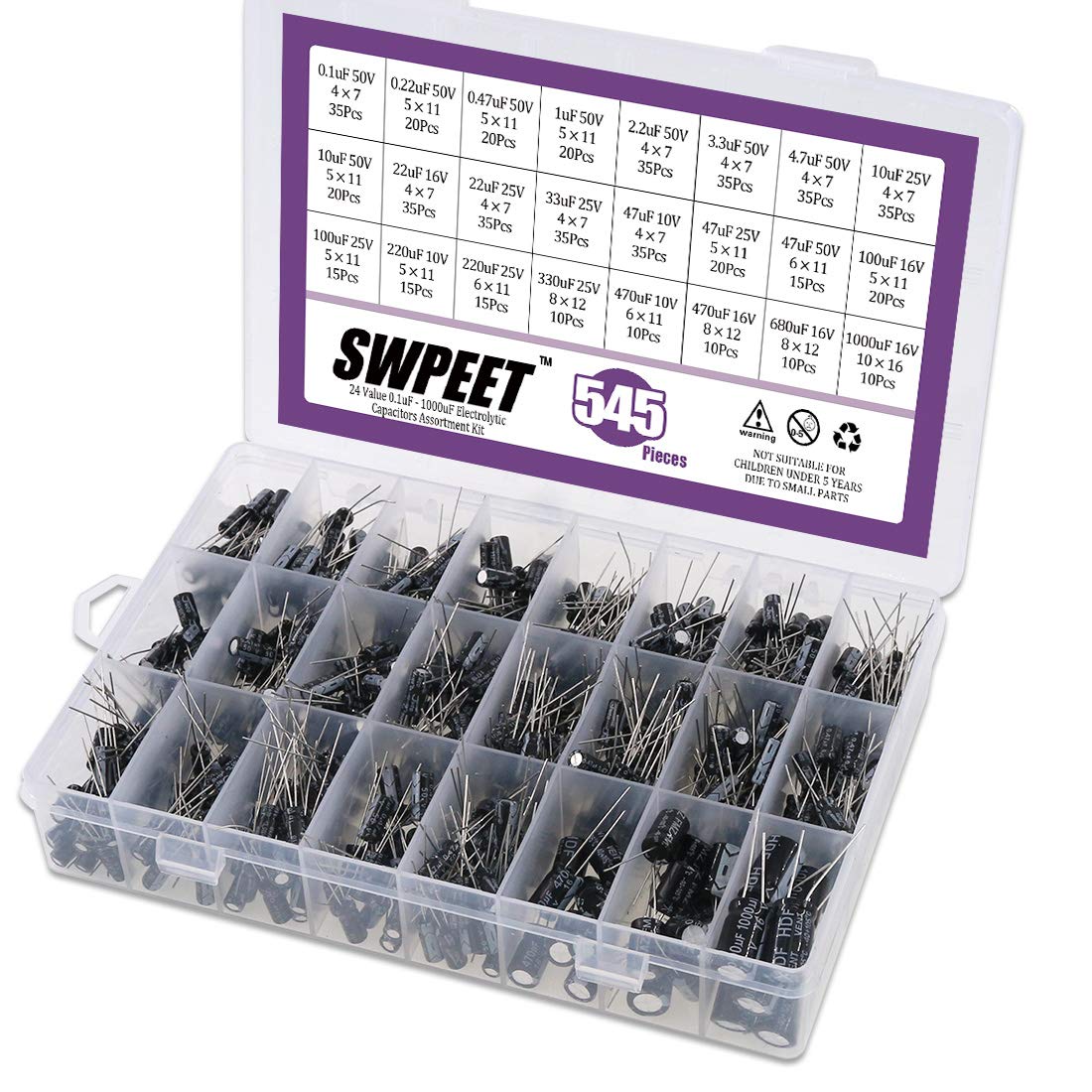 Swpeet 545Pcs 24 Kinds Different Electrolytic Capacitors Range 0.1uF－1000uF Assortment Kit, 10V/16V/25V/50V Aluminum Radial Electrolytic Capacitors for TV, LCD Monitor, Radio, Stereo, Game