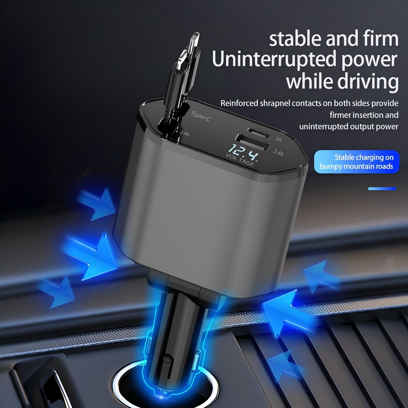 YAOKEEP 120W Fast Charging Retractable Car Charger 4 in 1. 180°Rotation Car Phone Charger with 31.5