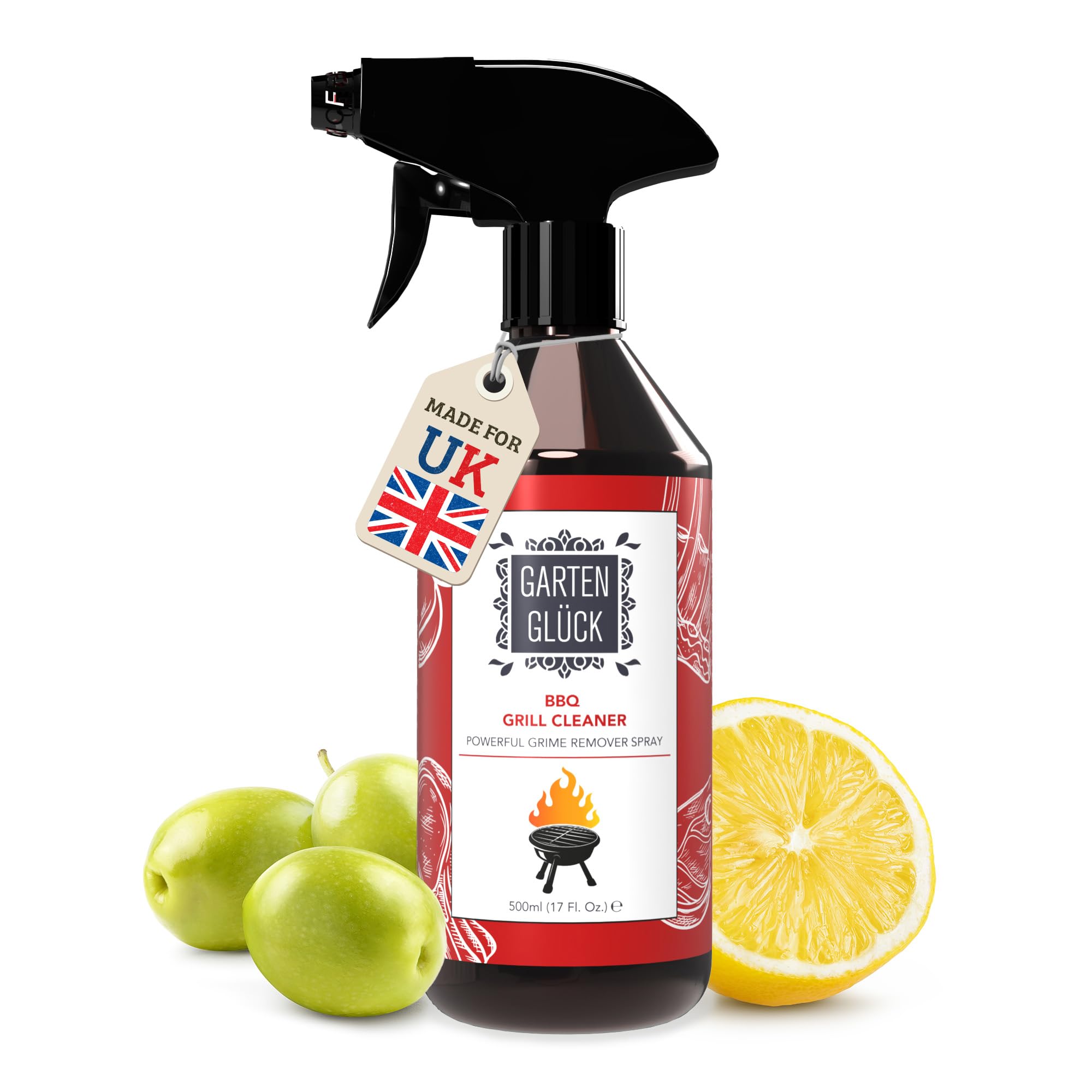Garten Glück BBQ Cleaner Spray - 500ml - Heavy-Duty BBQ Degreaser with Cold-Pressed Lemon Oil, Natural BBQ Cleaning Products for Grill, Grates & Tools, Easy to Use Barbecue Cleaner for Stubborn Grease