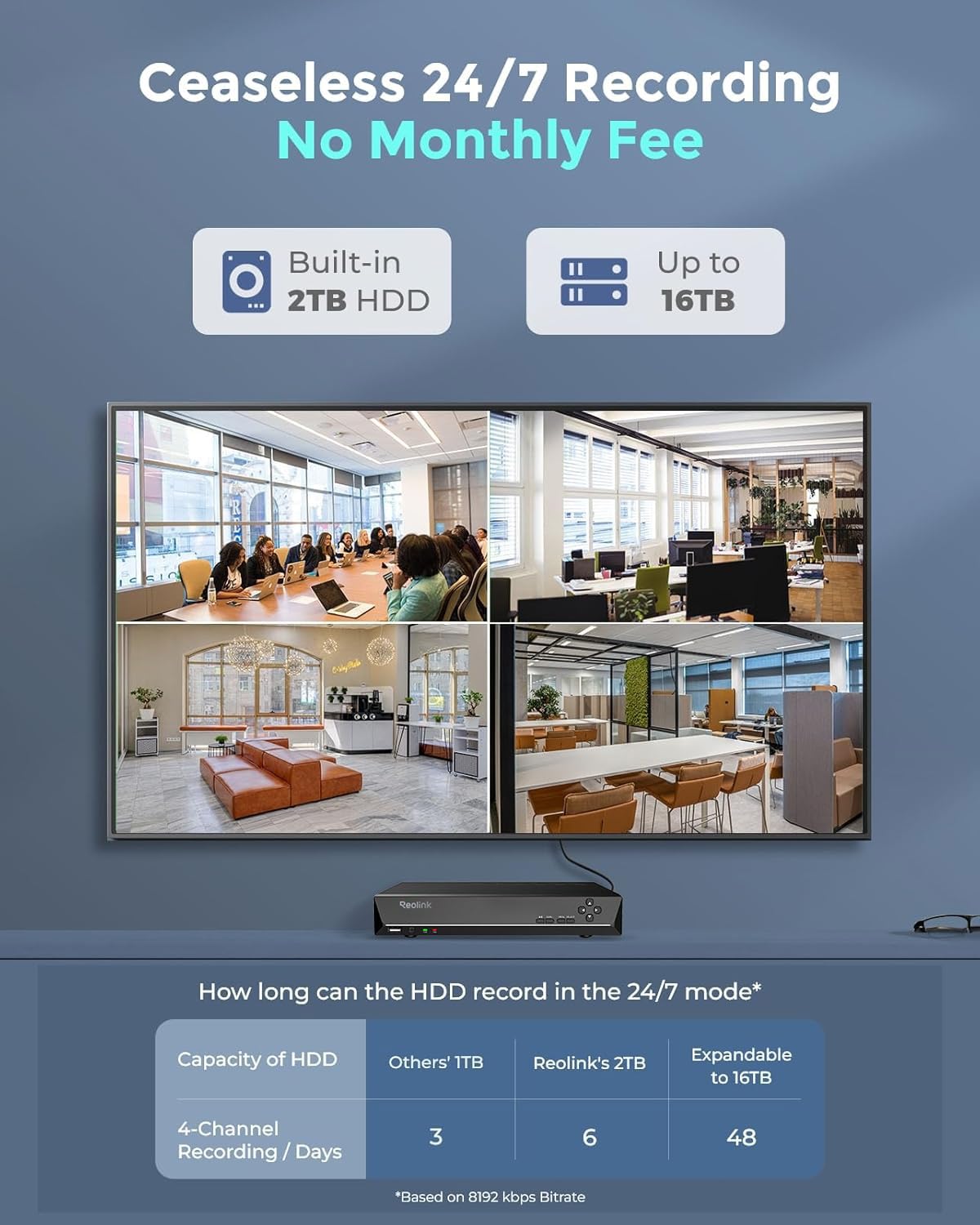 REOLINK 4K Security Camera System - H.265 4pcs PoE Security Cameras Wired with Person Vehicle Detection, 8MP/4K 8CH NVR with 2TB HDD for 24-7 Recording, RLK8-800B4