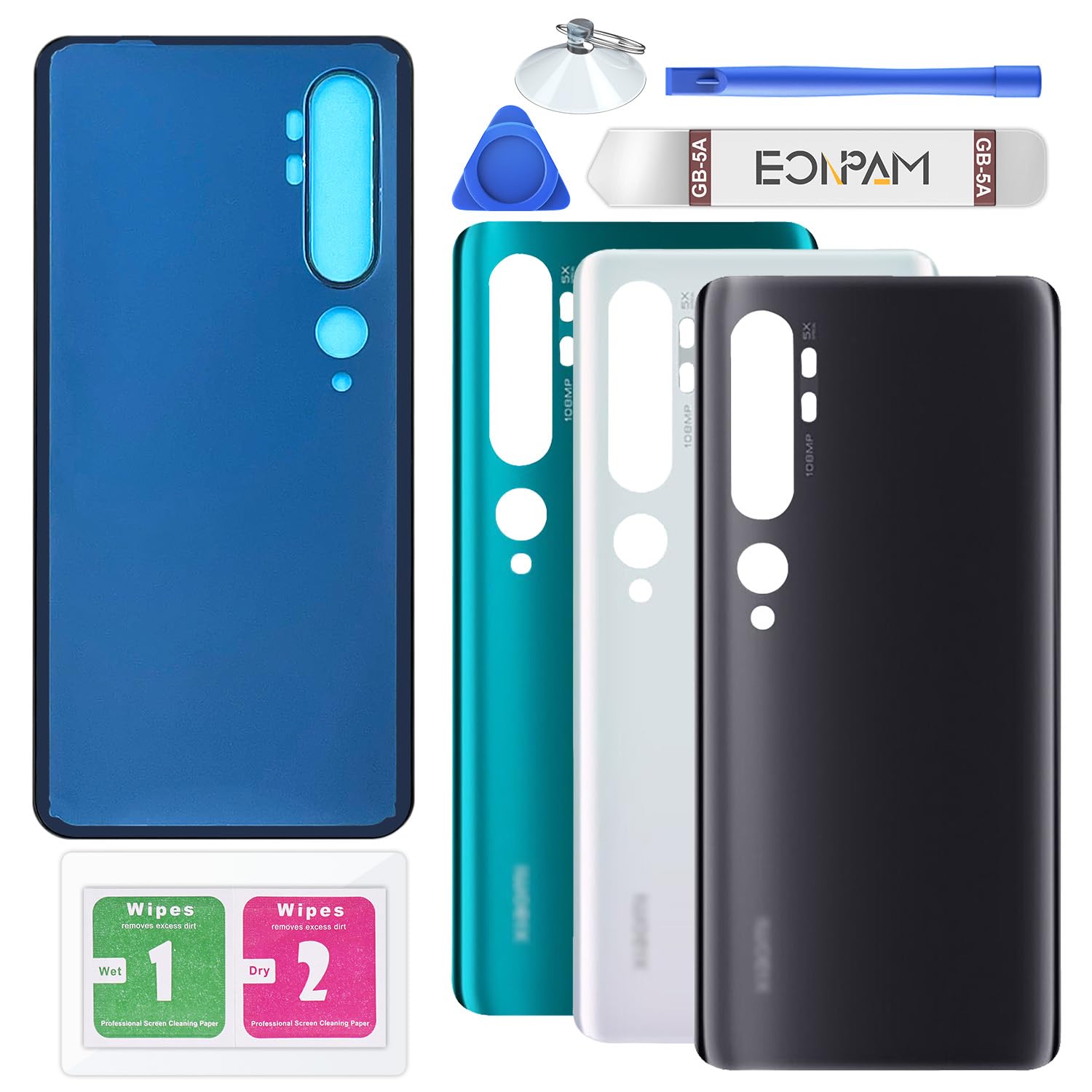 Eonpam Back Cover Glass for Xiaomi Mi Note 10 / Mi Note 10 Pro Rear Glass Replacement with Repair Kit Genuine Rear Housing (Black)