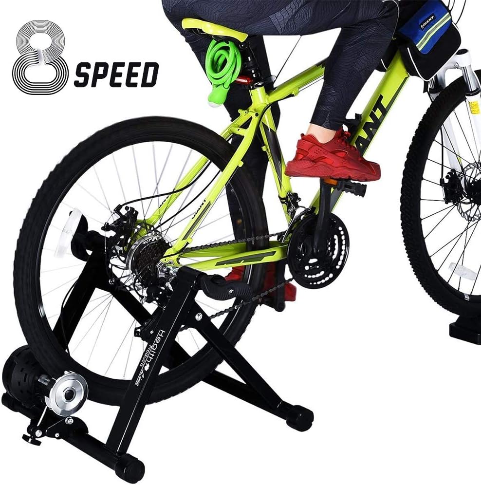 HEALTH LINE PRODUCT Bike Trainer Stand, Heavy Duty Stable Bike Stationary Riding Stand Supports 350lbs Bicycle Trainer with Quick Release Wheel Block & 8 Level Resistance
