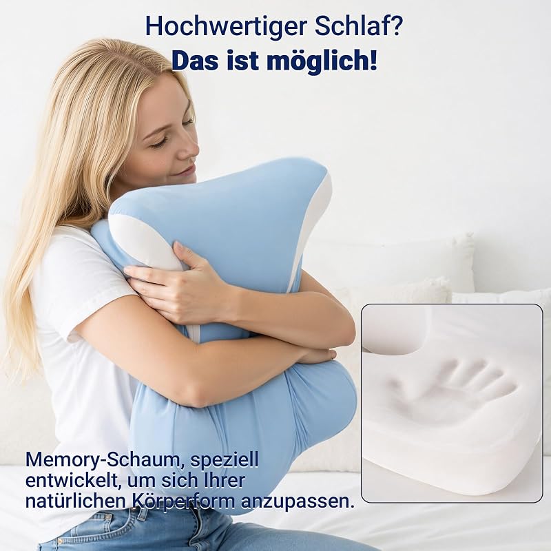 Nackenstützkissen aus Memory-Schaum – orthopädisches ergonomisches Schmetterlingskissen mit Ohrloch & Armauflage, Kopfkissen für Seitenschläfer, waschbarer Bezug, Himmelblau