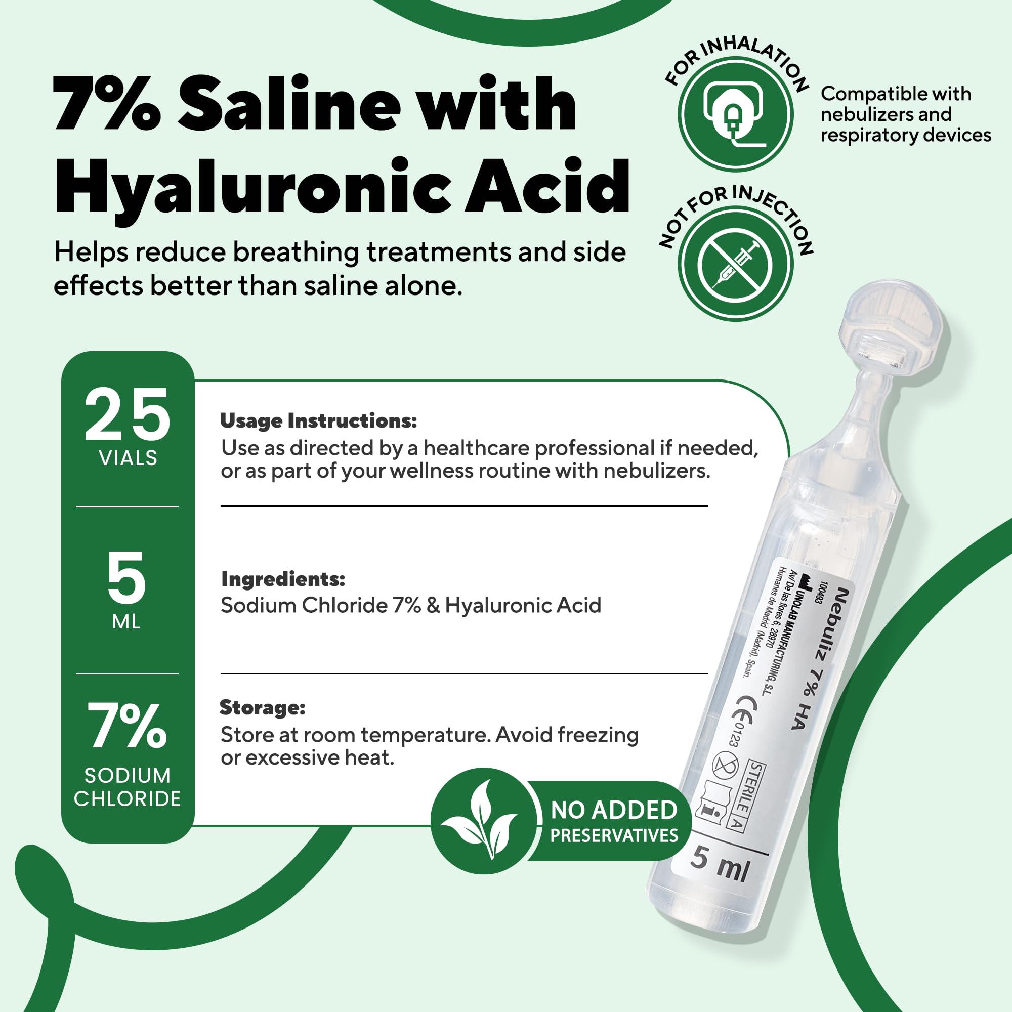 Nebuliz - Hypertonic Saline Solution 7% + Hyaluronic Acid Nebulizer Diluent for inhalators and Nasal Hygiene Clear Congestion from Airways&Lungs Reduce Mucus (25 Sterile Saline Bullets of 0.17 Fl Oz)