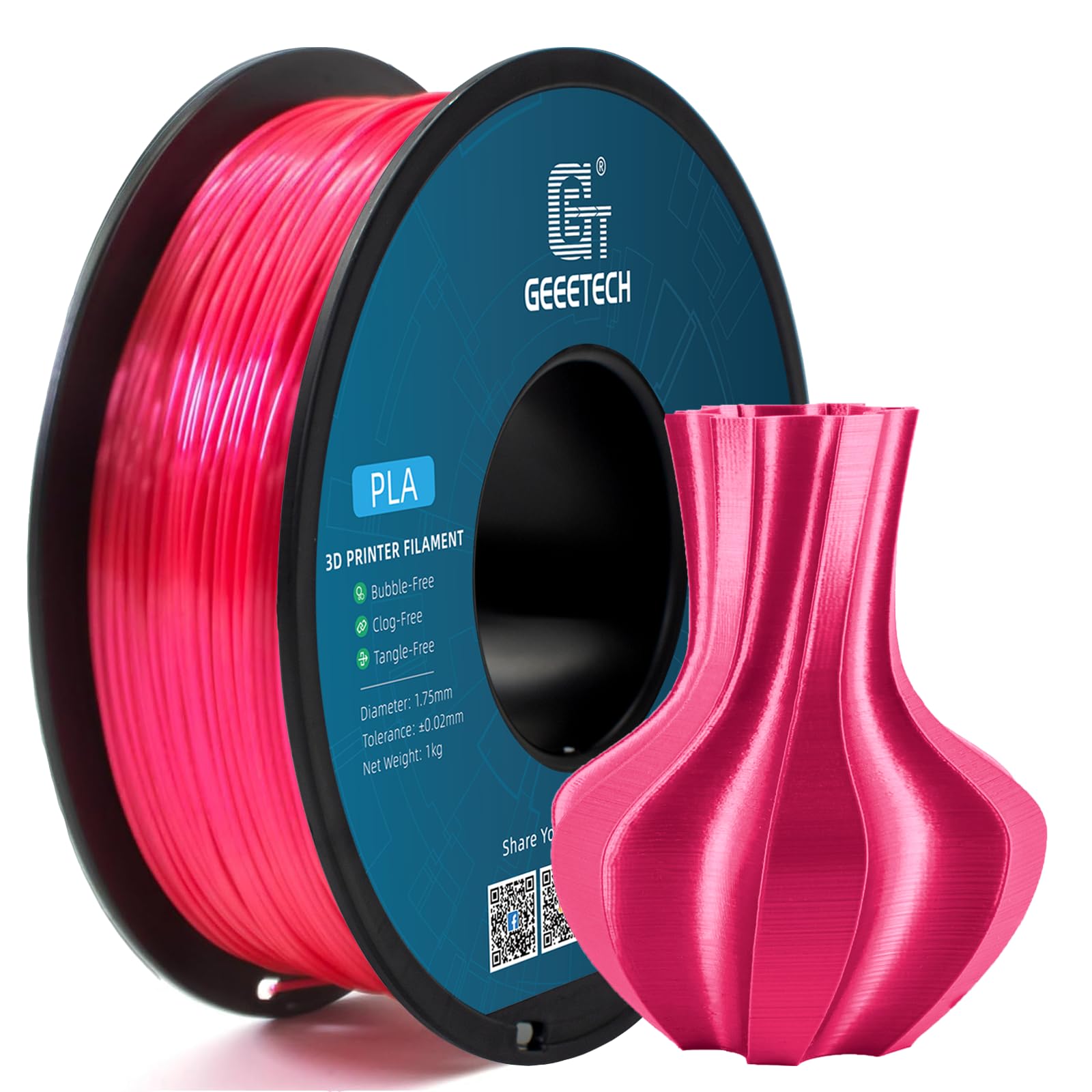 PLA Filament 1.75mm Silk, Geeetech 3D Printer PLA Filament,1.75mm,1kg per Spool,Silk Pink