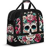 Halloween Skull Rose Skeleton Travel Duffle Bags With Shoes Compartment for Women Men Weekender Overnight Bag Foldable Sports Tote Gym Carry On Luggage Handlebag for Travel Yoga Hospital Workout