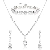 Crysdue Teardrop Bridal Jewelry Set for Wedding Party, Silver/14K/Rose Gold Plated Prom Costume Jewellery for Bride Bridesmaids Women, Cubic Zirconia Necklace Dangle Earrings Bracelet