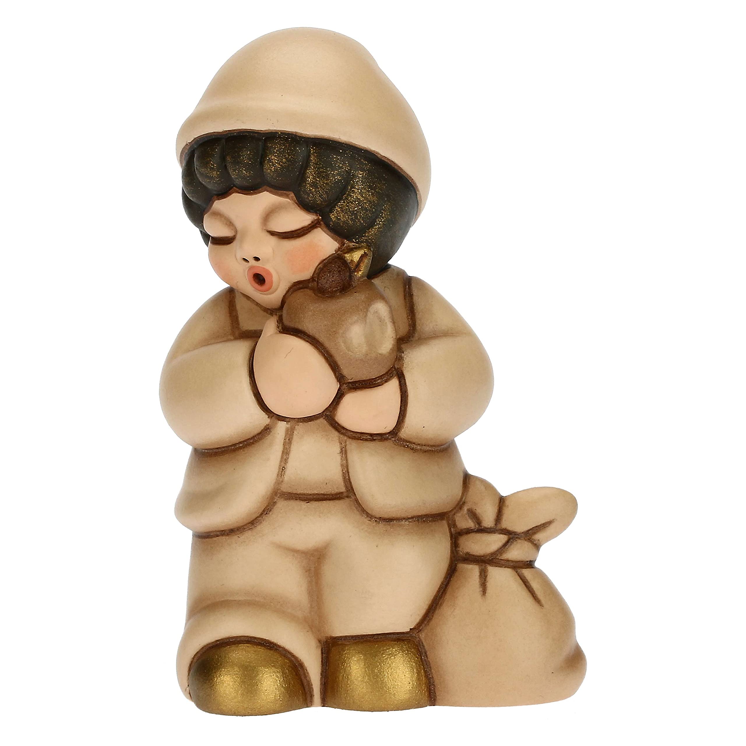 THUN - Nativity Scene 2022 - Figurine Baby Nativity Scene with Apple in Hand-Decorated Ceramic, Beige Dress Version - Classic Nativity Line - 4.3 x 3 x 6.5 cm h