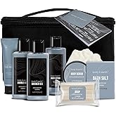 Gift Baskets for Men Bath Set Body & Earth Leathers Mens Body Wash Set with Body Lotion, Face Wash, Shower Gel, Bubble Bath, Loofah, Regalos Para Hombre, Birthday Fathers Day Gifts