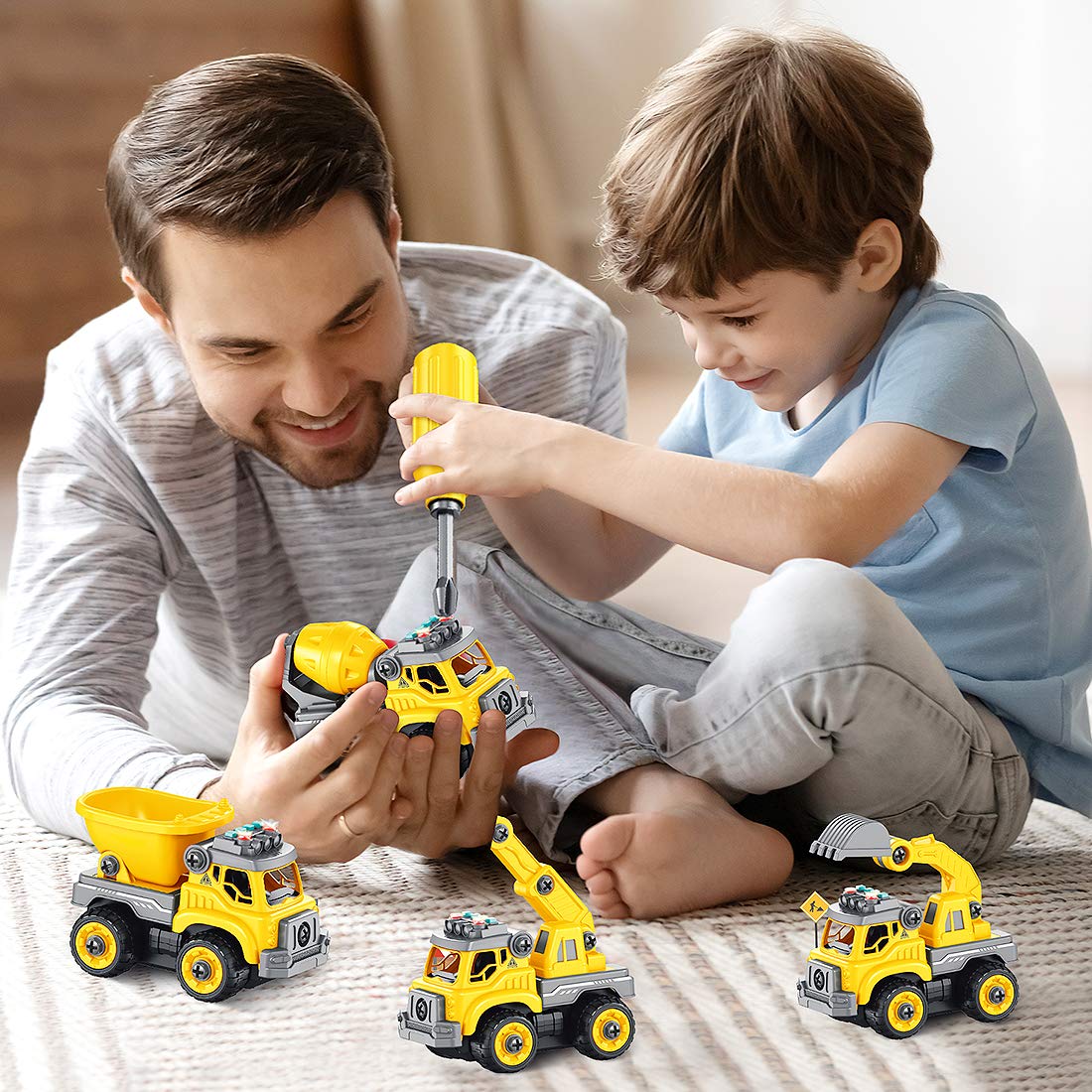 4-in-1 Take Apart Construction Toys for Kids, 36Pcs RC Car Trucks w/Electric 360° Drill Remote Control, DIY STEM Vehicle Building Toy, Sounds, Lights, Rechargeable, 3 4 5 6 7 Year Old Boys, Girls