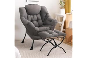 SESHINELL Lazy Chair with Ottoman, Modern Accent Chair Contemporary Lounge Leisure Sofa Chair with Armrests, Reading Chair and Folding Footstool Set for Living Room, Bedroom, Office, Dark Grey