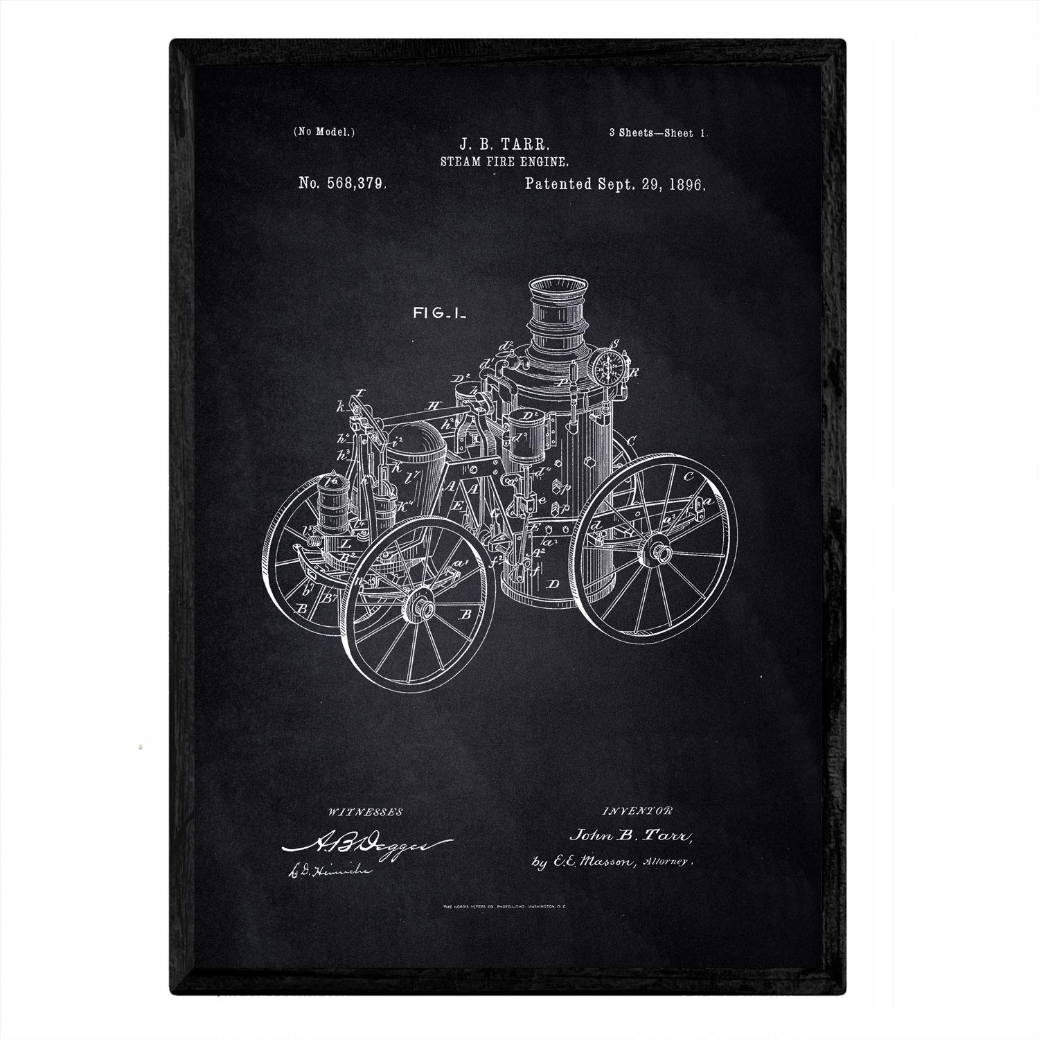 Nacnic Poster patent of steam engine. Sheet with old design patent A3 size with black background