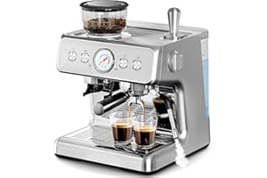 Kismile Espresso Machines with grinder, Professional Coffee and Espresso Maker Combo with Steam Milk Frother Steam Wand & Capsule Compatible,Latte Machines with Removable Water Tank(Stainless Steel)