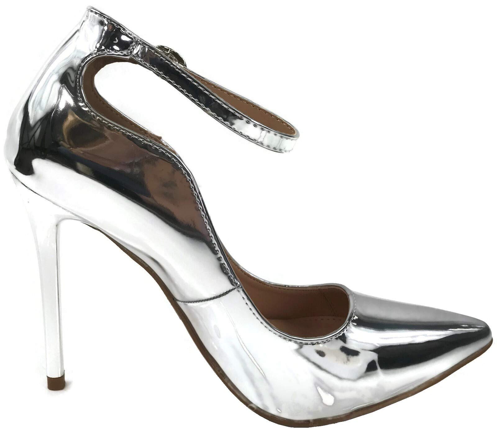 Womens Classic Elegance High Heel Pumps with Ankle Strap, Silver, 7 - Image 3