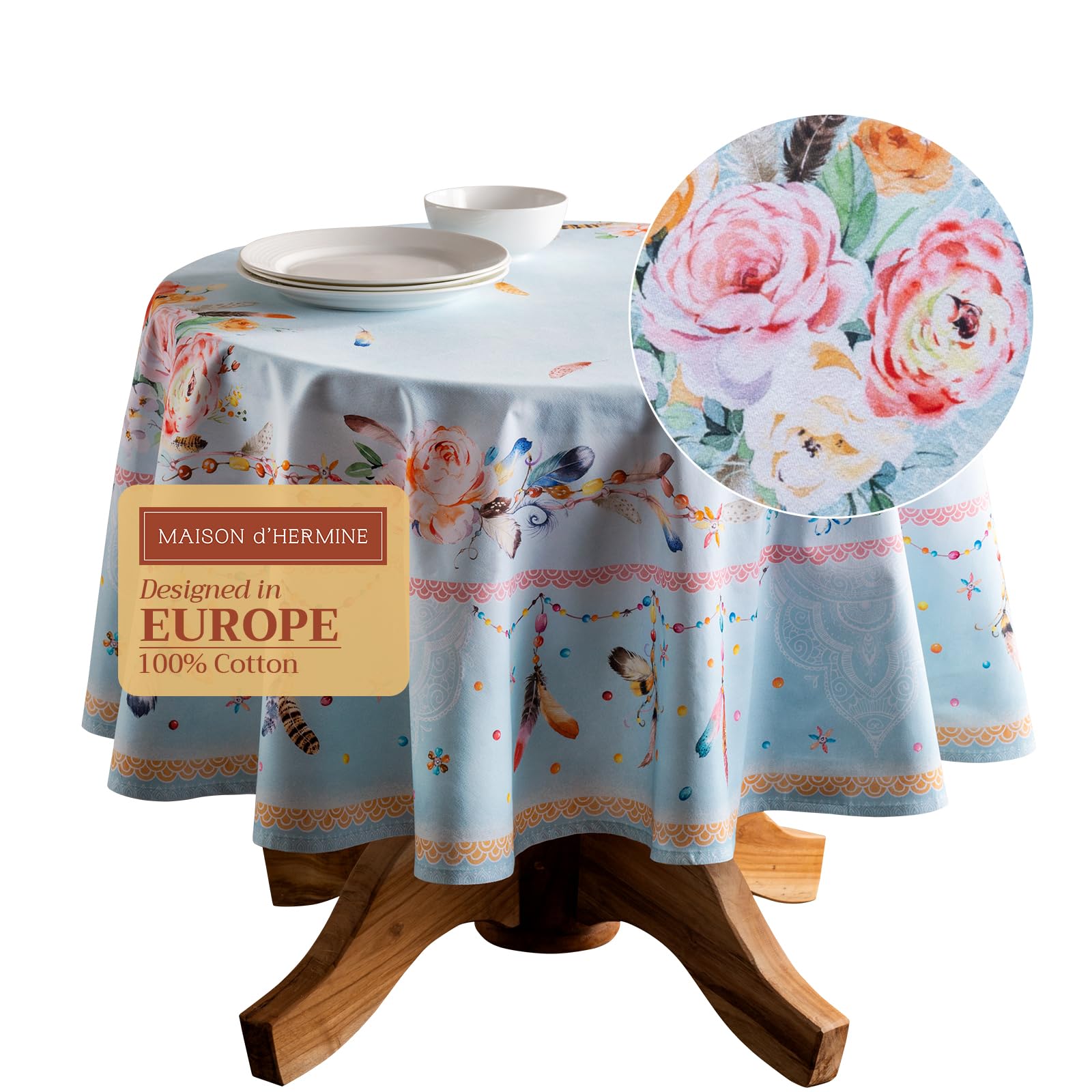 Maison d' Hermine Table Cloth Round Table 100% Cotton 69 Round Inches Tablecloth Reusable Decorative for Dining Room Farmhouse Home Valentines Day Decorations Spring Summer - Ibiza - Blue Image