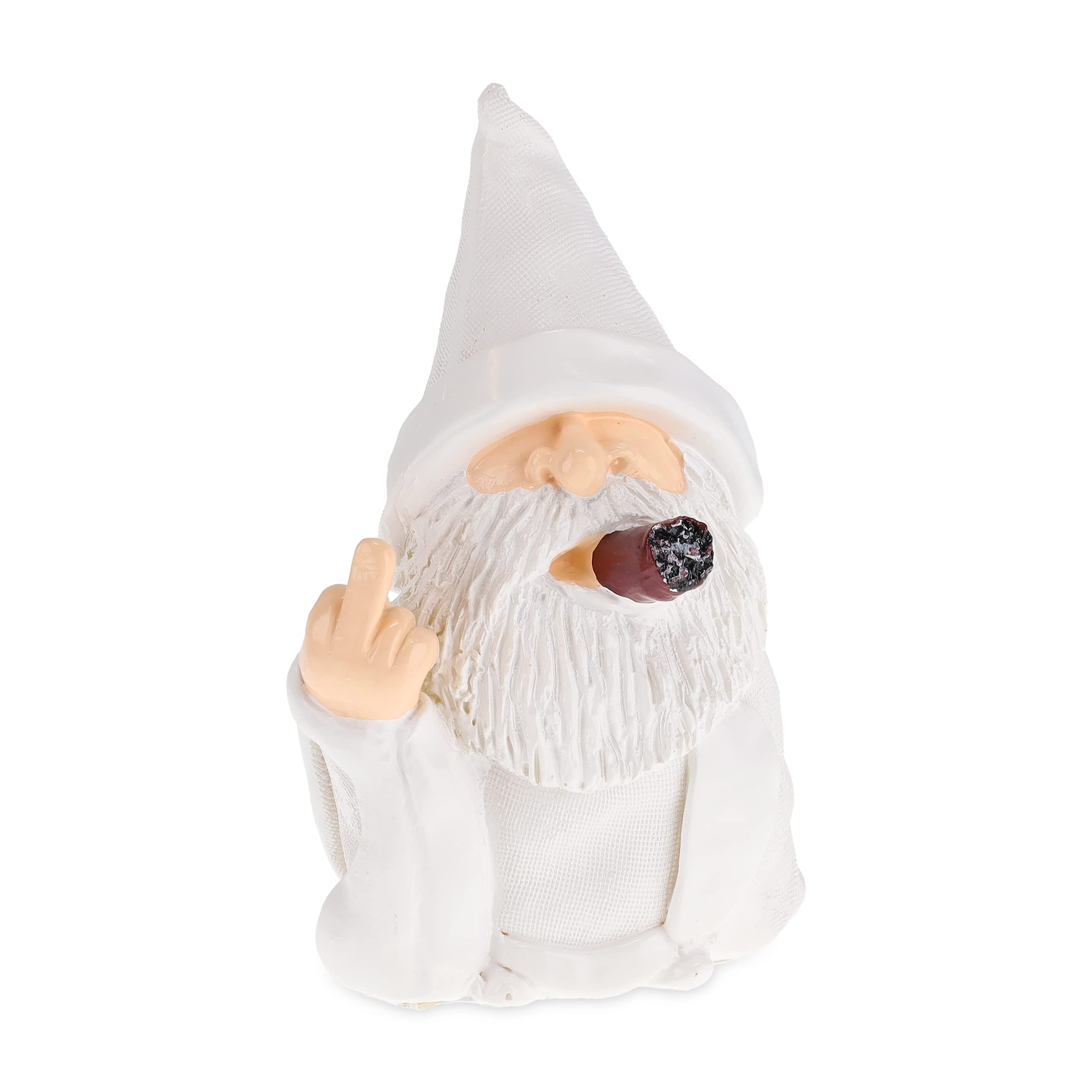 Relaxdays Gnome with Cigar, Giving Middle Finger, Rude Figurine, Frost Resistant, Garden Statue, Polyresin, White, 15 x 9 x 7 cm