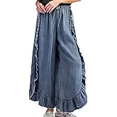 CHARTOU Women Denim Palazzo Pants Jeans Flare Elastic Waist Wide Leg Pants Raw Frayed Hem Jeans Flowy Ruffle Pants