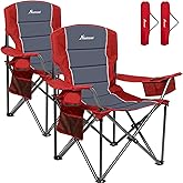Romswi Oversized Camping Chairs,Heavy Duty Support 500 LBS,Padded Back & Arm Sport Chairs, Cup Holder Cooler Bag, Collapsible Folding Chairs for Outdoor, Fishing & Garden, Red,2-Pack
