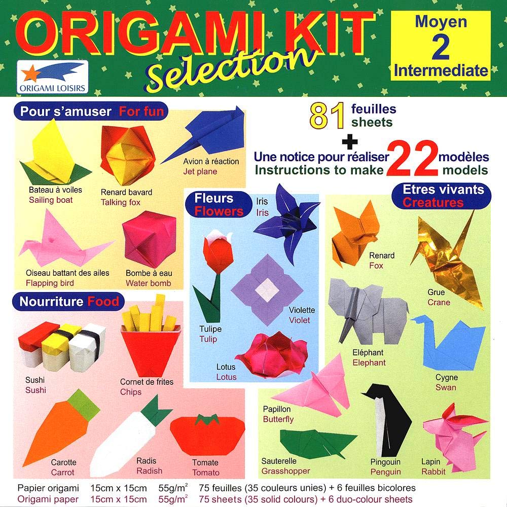 Origami Paper - Origami Kit Selection 2 (Intermediate) - Illustrated instructions + 81 sheets of origami paper - 15cm x 15cm