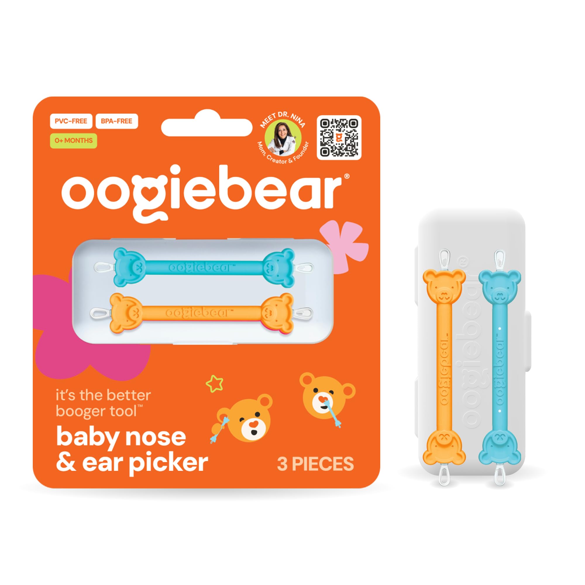 oogiebear - Nose and Ear Gadget. Safe, Easy Nasal Booger and Ear Cleaner for Newborns and Infants. Dual Earwax and Snot Remover. Aspirator Alternative - Two Pack with Case - Orange Seafoam