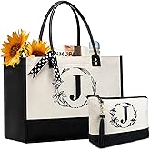 BeeGreen Christmas Birthday Gifts for Women Birthday Gifts Large Canvas Tote Bag with Embroidery Leather Handle Initial Monogram for Friend Mother Grandma Sister Boss Letter J