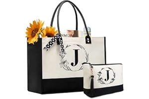 BeeGreen Initial Canvas Tote Bags Personalized Birthday Gift for Women, Embroidery Monogram with Leather Handle