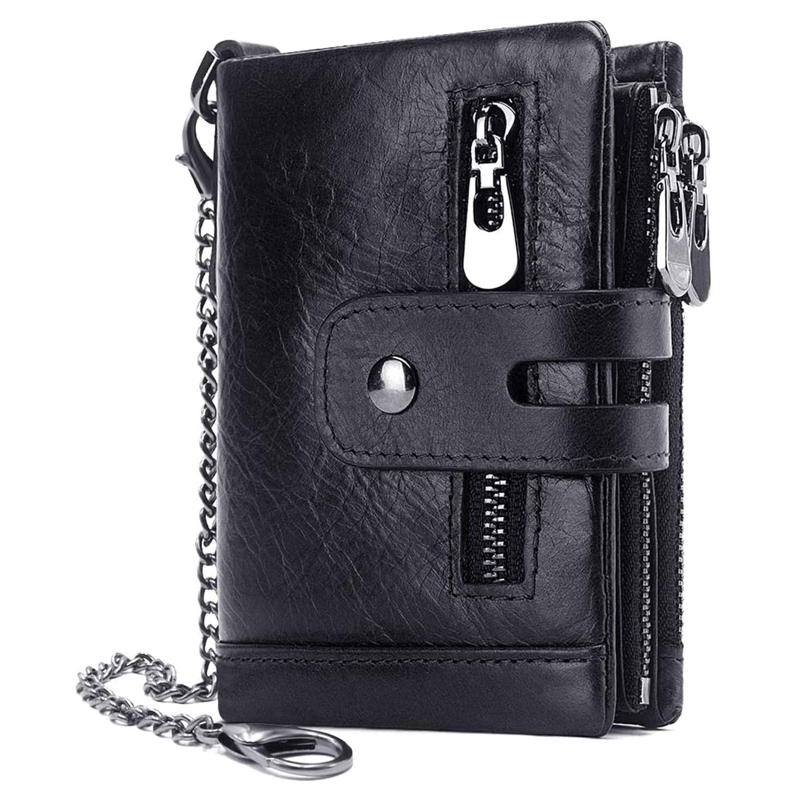 Mens Wallet with Chain RFID Blocking Men's Genuine Leather Wallet Bifold Wallet with Credit Card Holder and Zipper Coin Pocket Purse, Black