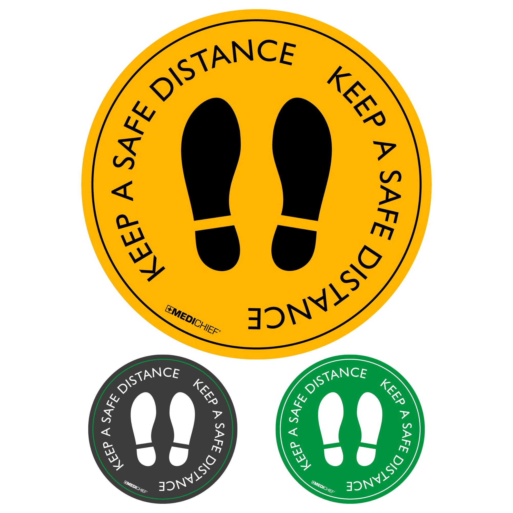 Medichief KEEP A SAFE DISTANCE Self Adhesive Floor Stickers - Pack Of 5 Yellow Hazard Warnings For Social Distancing - Durable Floor Warning Stickers With Anti Slip Certification