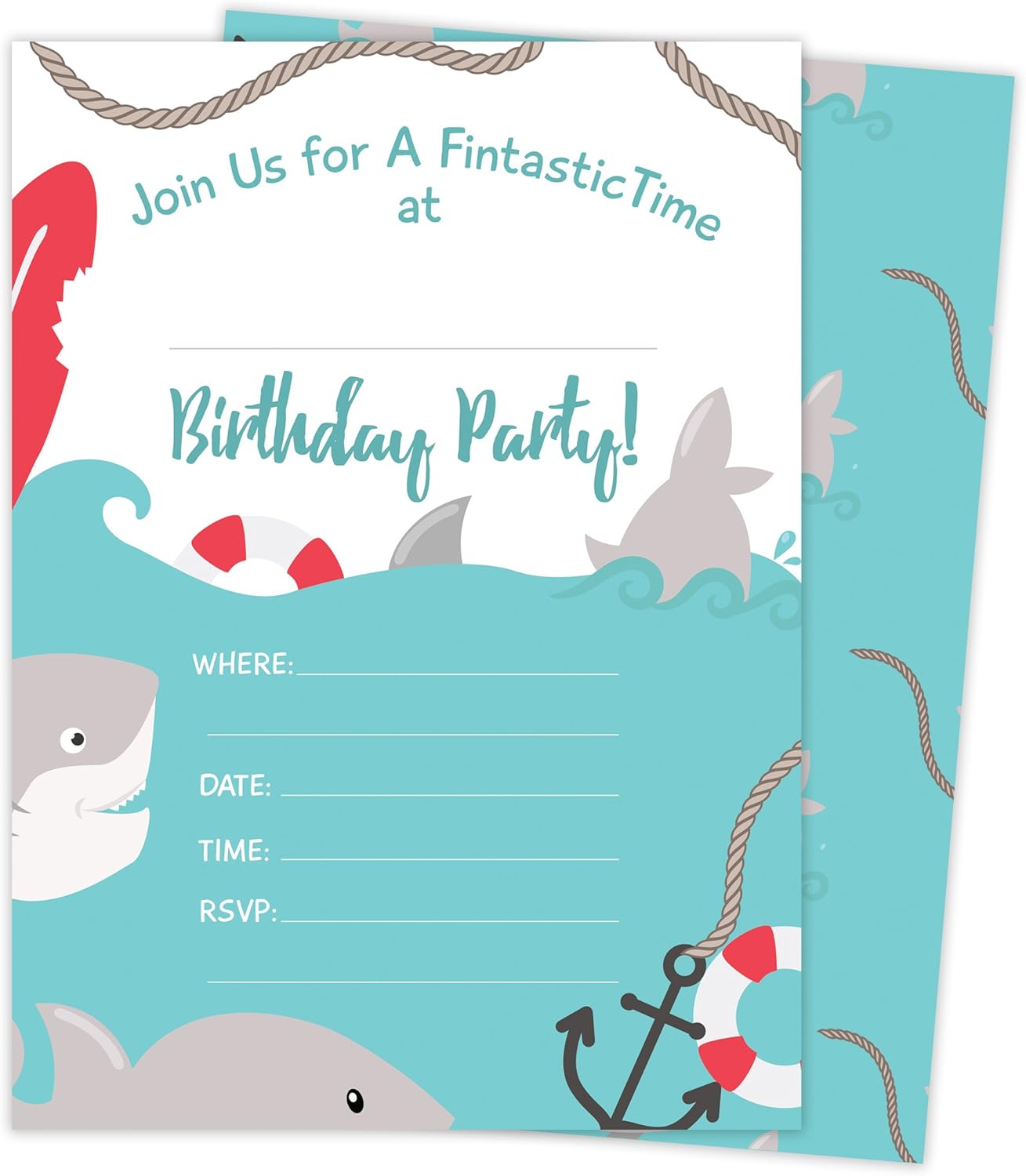 Shark Style 3 Happy Birthday Invitations Invite Cards (25 Count) With Envelopes and Seal Stickers Vinyl Boys Girls Kids Party (25ct)
