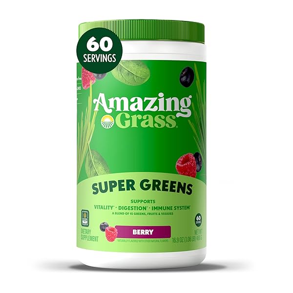 AMAZING GRASS GREENS BLEND SUPERFOOD: SUPER GREENS POWDER SMOOTHIE MIX WITH SPIRULINA, CHLORELLA, BEET ROOT POWDER, DIGESTIVE ENZYMES & PROBIOTICS, BERRY, 60 SERVINGS (PACKAGING MAY VARY)
