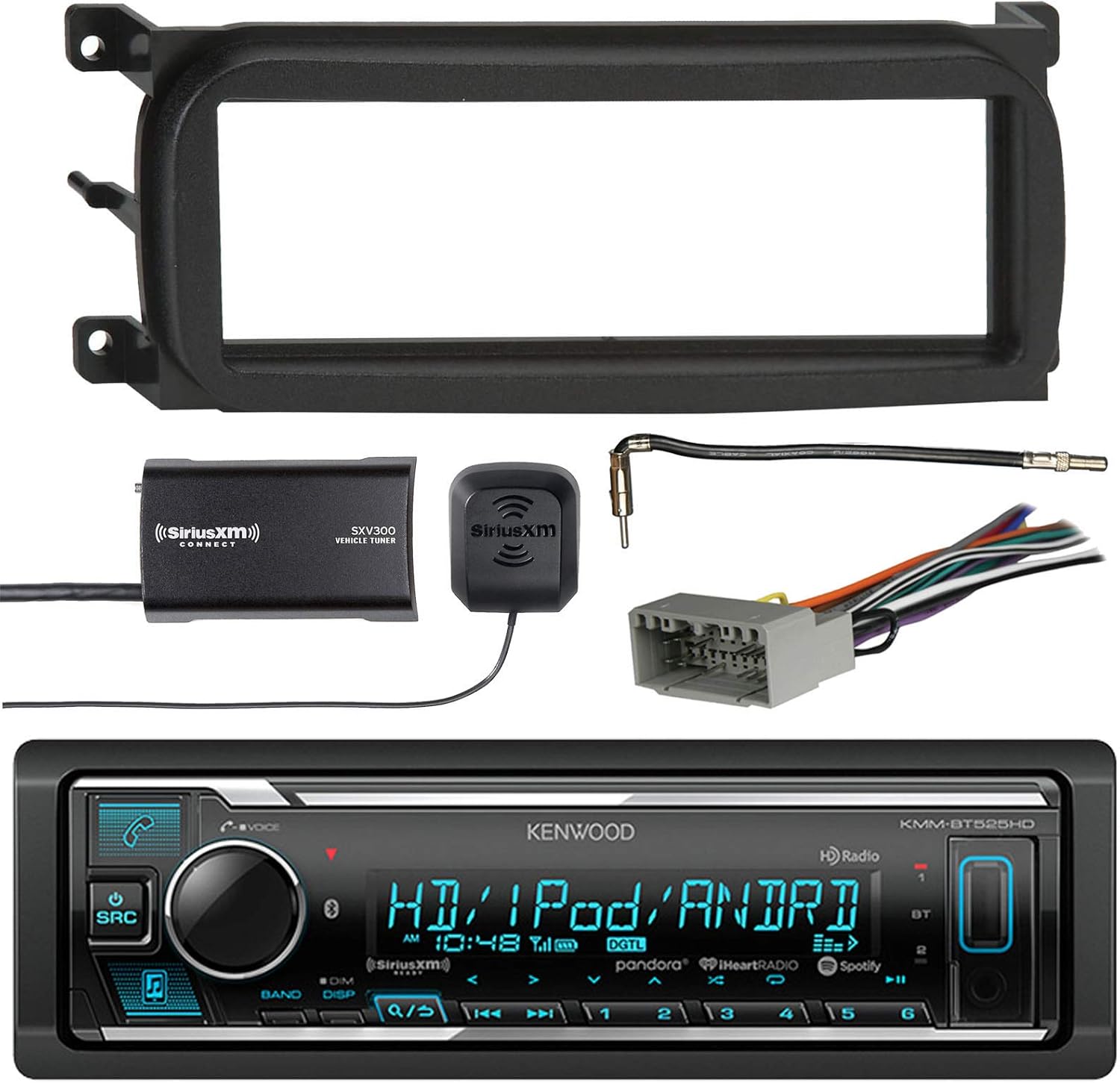 Kenwood In-Dash Stereo Receiver, Bluetooth, with Sirius Radio Tuner, Metra Dash Kit For Chry/Dodge/Jeep 98-UP, Metra Chrysler 2002 Antenna Adapter Cable & Metra Radio Wiring Harness For Chrysler 02-Up