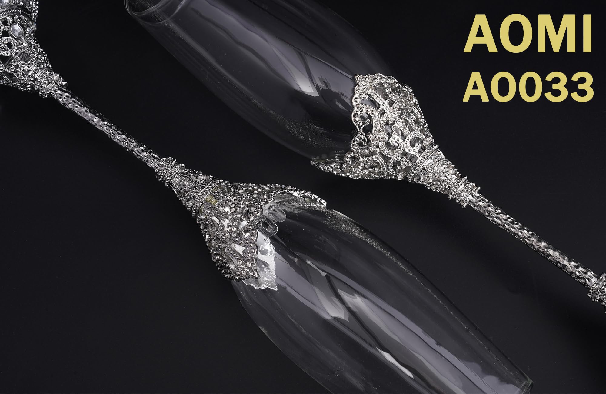 Wedding Champagne Flutes Toasting Glasses, Silver 7oz Toasting Flute Pair Crystal Metal Base with Sparkling Crystals for Wedding Anniversary Party Birthday Banquet and Gift for Bride Groom Giftboxed