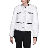 KARL LAGERFELD womens Long Sleeve Crew Neck Faux Shearling Jacket With Pockets