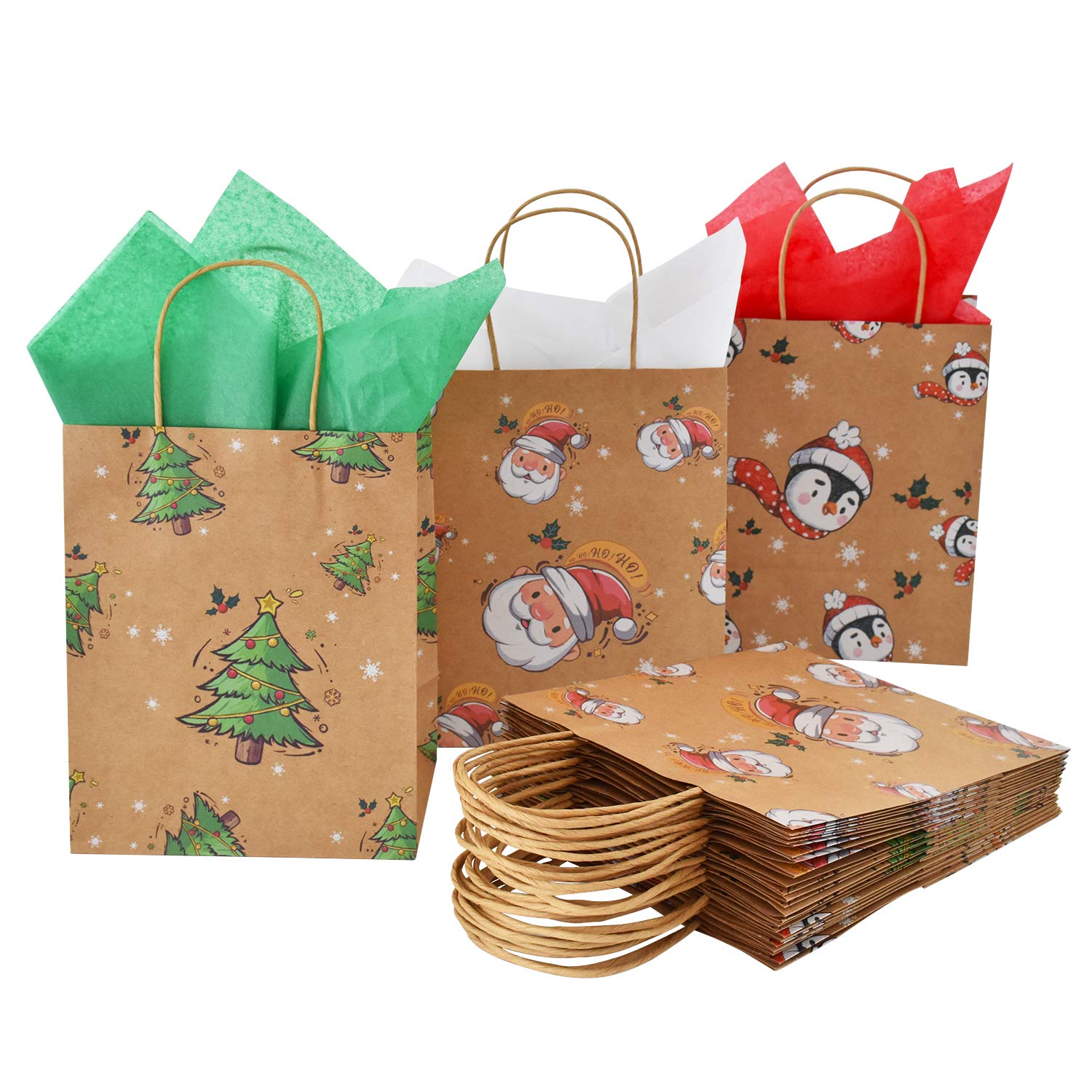 Christmas Natural Kraft Paper Gift Bags Decorations Party Supplies Pack Serve 15 in 3 Styles for Christmas Party