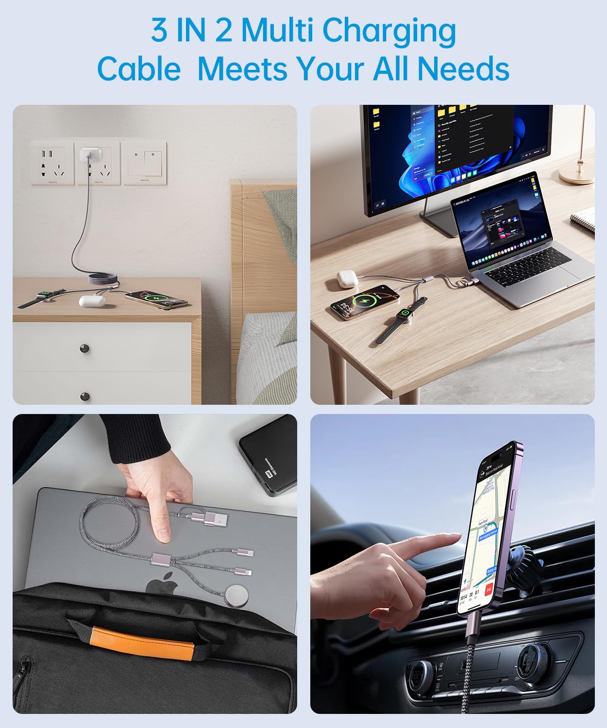 Wtinquik Travel Essentials, Multi Fast Charging Cable for Apple Watch Charger/iPhone Charger, 3 in 2 USB C Cable Cord Compatible with iWatch Ultra/SE/10-1/iPhone 16-11/Samsung S25-22, 4FT, Gray