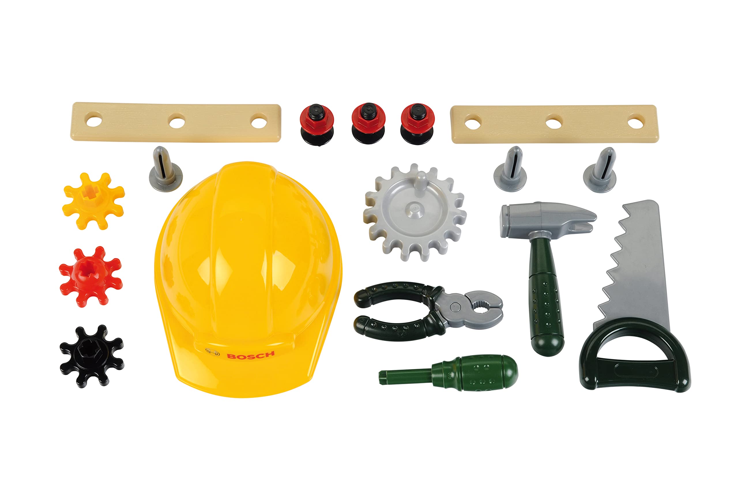 Theo Klein 8604 Bosch Werkbank Junior I Inkl. Helm, Schraubstock, Werkzeugen, Latten, Nägel, Schrauben und Muttern I Maße: 49 cm x 29 cm x 71 cm I Spielzeug für Kinder ab 2 Jahren 2