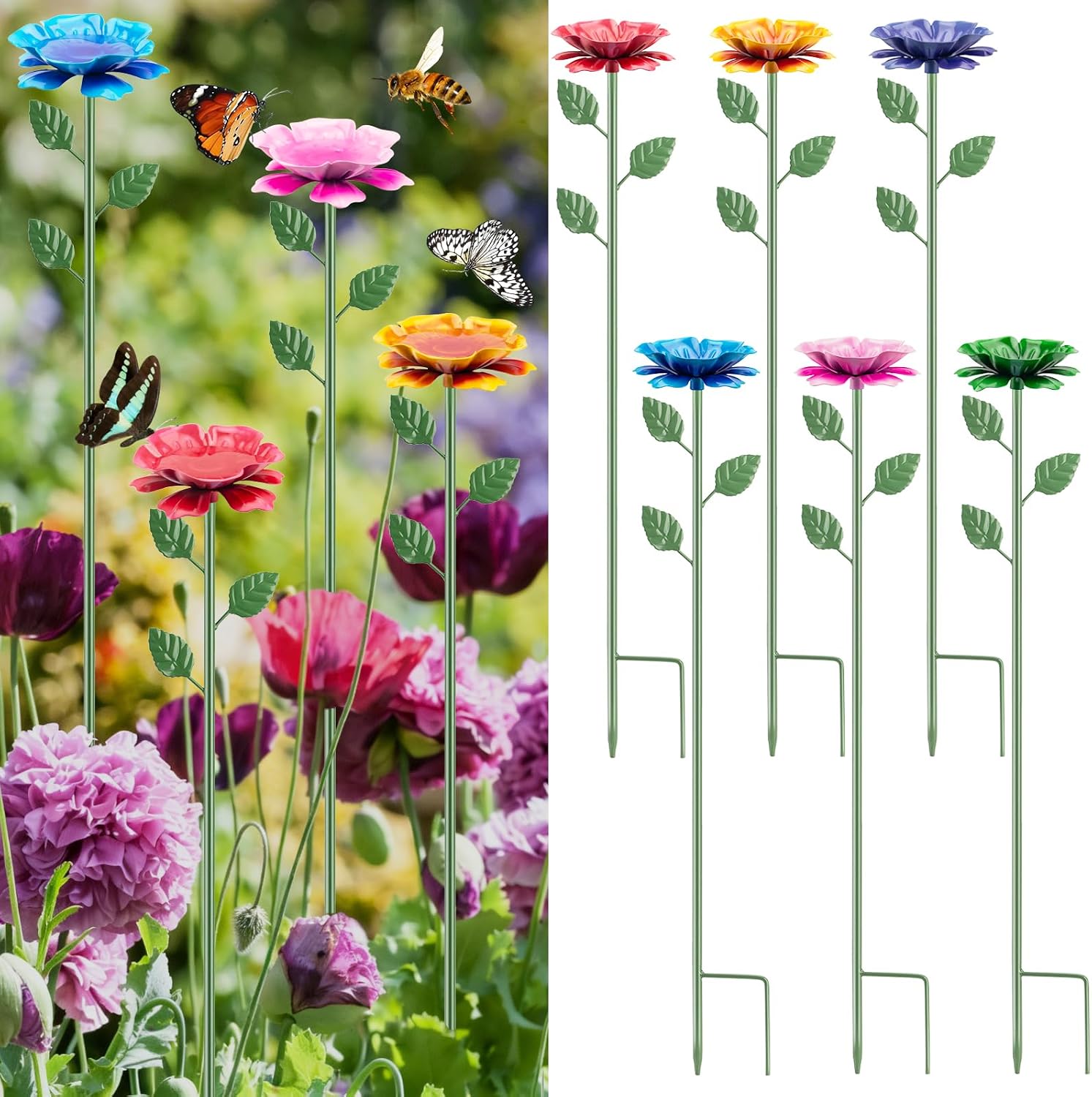 Bee Watering Station, Metal Bee Cups for Garden, Bee Butterfly Feeder with Flower Design, Colorful Butterfly Bee Bath for Outdoor Garden Yard Patio Decor, 6 Pack