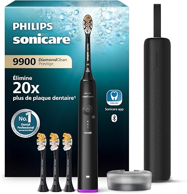 Sonicare - Brosse à dents électrique DiamondClean 9900 Prestige avec technologie SenseIQ et application, 5 modes de brossage, étui de voyage avec chargeur, noir, modèle HX9992/43