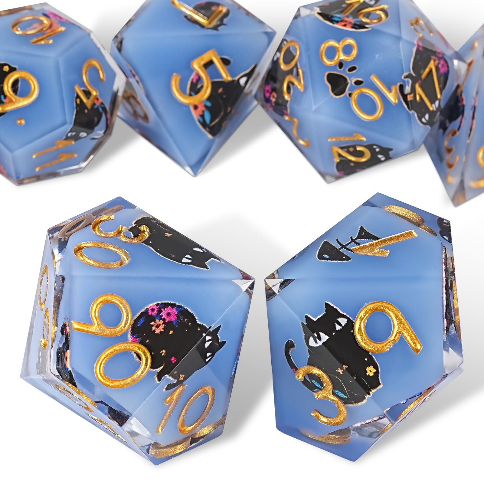 DND Cat Dice Set Cute 7 Pack, D&D Set with Gift Box Dungeons and Dragons Polyhedral & RPG Mtg Dice Sharp Edge for Roleplaying MTG Table Games with Bag, Cat Dice Flower Resin